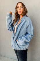 Myosotis Elastic Hem Collared Zip Up Denim Jacket Jackets bb4c41d0f8109aff