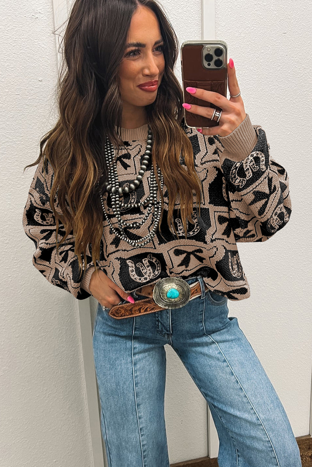 Brown Colorblock Bow Pattern Drop Sleeve Sweater Sweaters bb56b385e10e2f3d