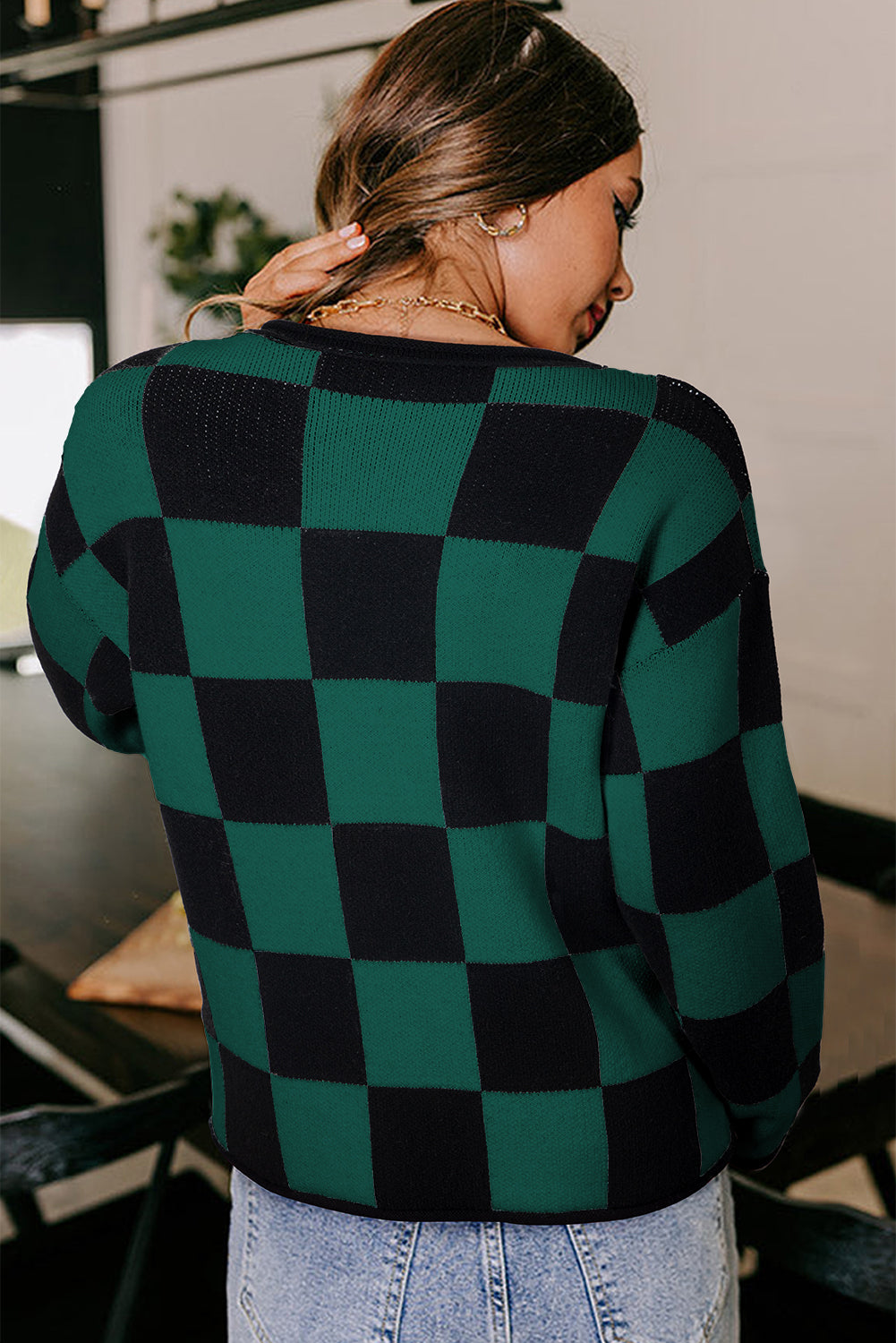 Black Checked Notched Neckline Drop Shoulder Knit Sweater Sweaters bb6a2bca900729b8