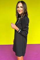 Black Striped Trim V Neck Collared Puff Sleeve Mini Dress Short Dresses bb7571371b2bb028