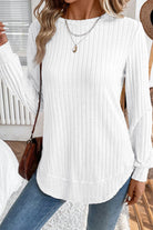 White Ribbed Texture Round Neck Long Sleeve Rounded Hem Top Long Sleeve Tops bb9e523187074d53
