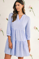 Sky Blue Striped Textured Bracelet Sleeve Tiered Mini Dress Short Dresses bbab3bc007019a6f