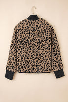 Khaki Leopard Print Zip Up Stand Neck Side Pocket Jacket Jackets bbc066e7347402df