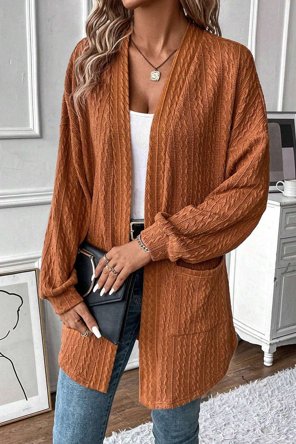 Chestnut Textured Knit Side Pockets Open Front Cardigan Cardigans bbc9e99adfc641f0