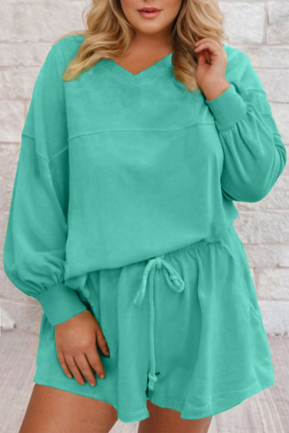 Sea Green Solid Color Plus Size Pullover and Loose Shorts Set Plus Size Matching Sets bbec96b556505d2d