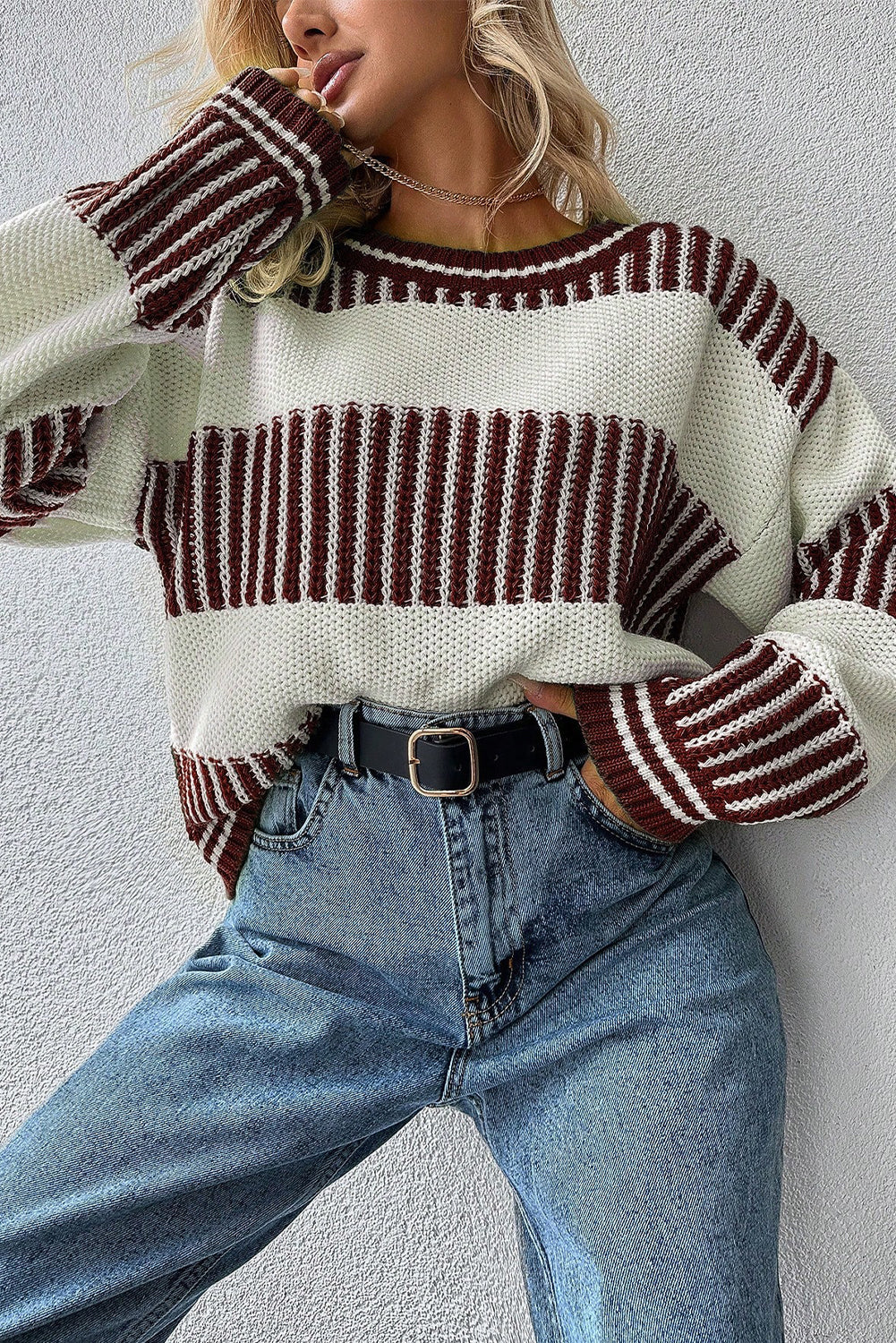 Brown Two Tone Striped Patchwork Drop Shoulder Sweater Sweaters bbfa7b26e45ad0f4