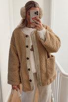 Light French Beige Puffy Plush Corduroy Edge Patchwork Jacket with Big Pockets Jackets bc077ba80cce7102