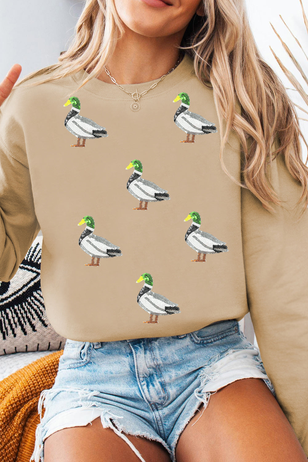 Khaki Sequin Mallard Duck Graphic Sequins Patch Baggy Sweatshirt Graphic Sweatshirts bc199c0c5c9c3ab5