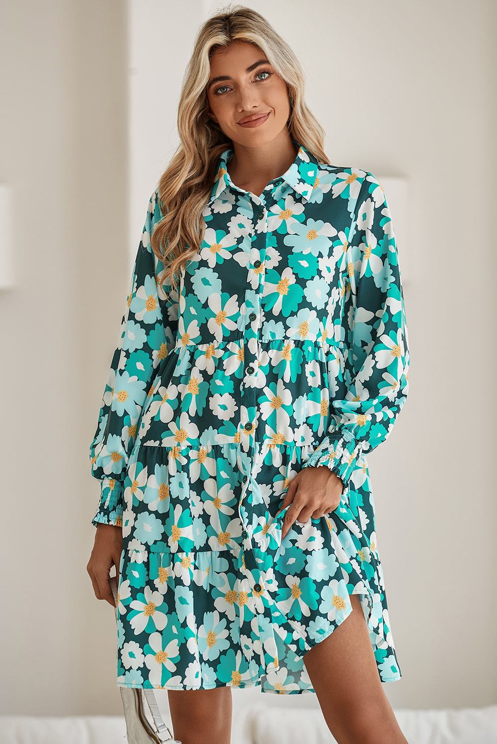 Blackish Green Flower Print Smocked Cuffs Tiered Mini Dress Short Dresses bc228aa0f8c9a3ed