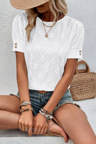 White Embroidered Floral Geometric Button Short Sleeve Top Blouses bc54880cdfdc95c4