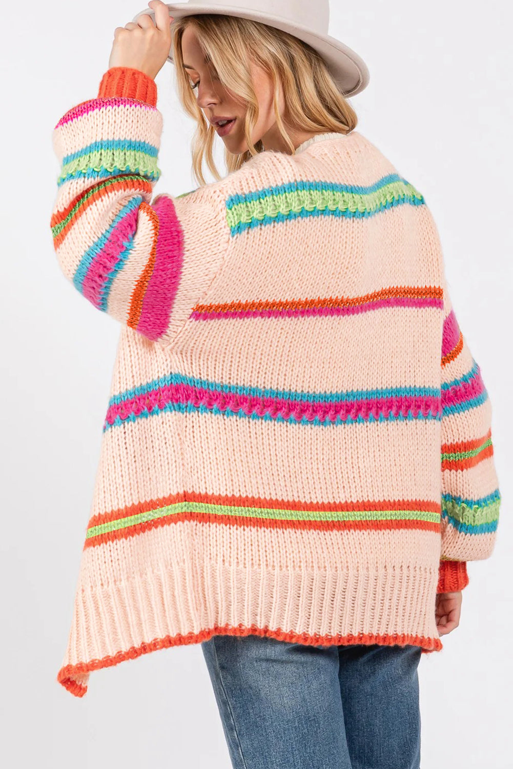 Multicolour Open Front Striped Colorblock Knit Oversize Cardigan Cardigans bc57fad696afdc20
