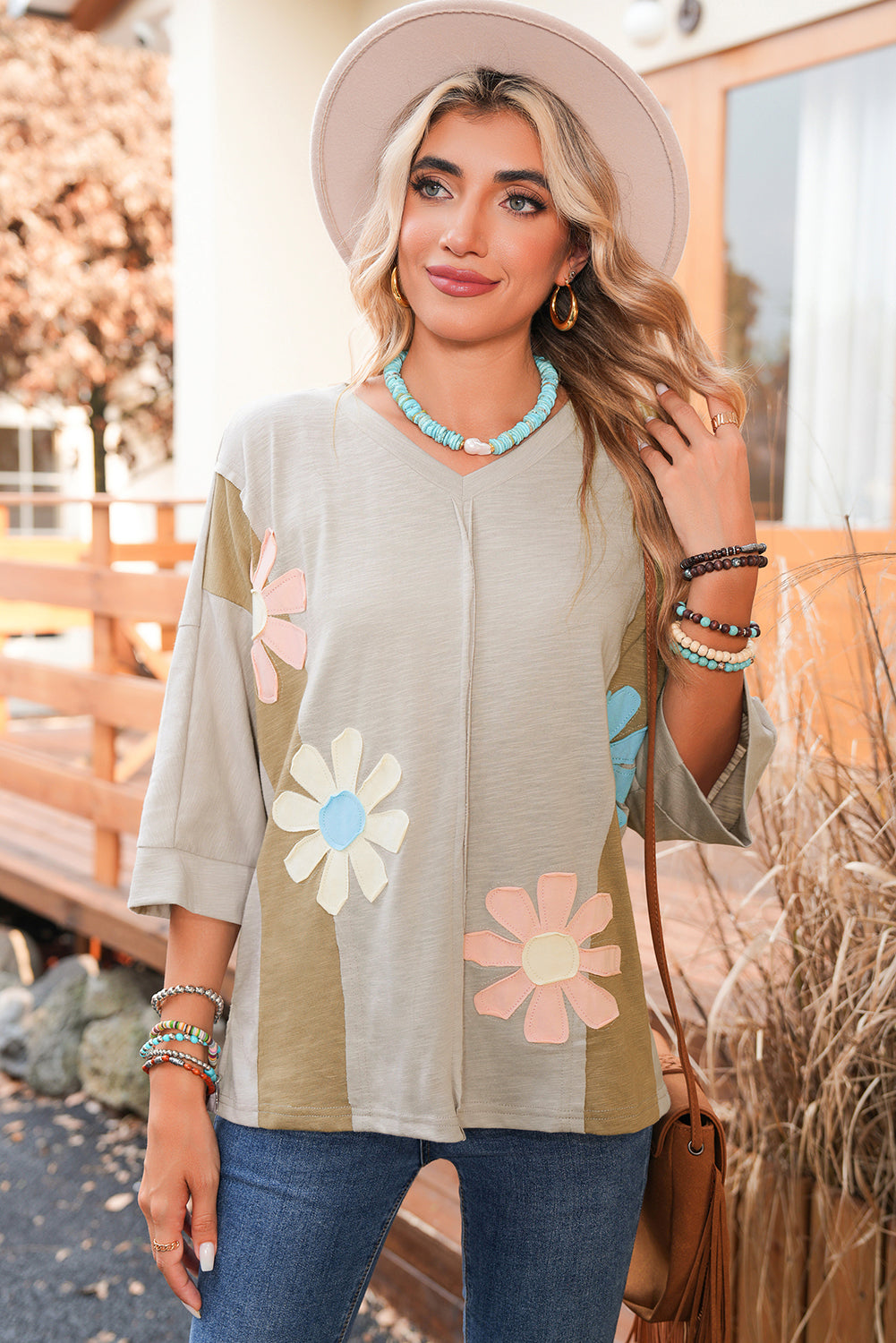 Light Blue Flower Patched Exposed Seam 3/4 Sleeve top Long Sleeve Tops bce68fab65b56641