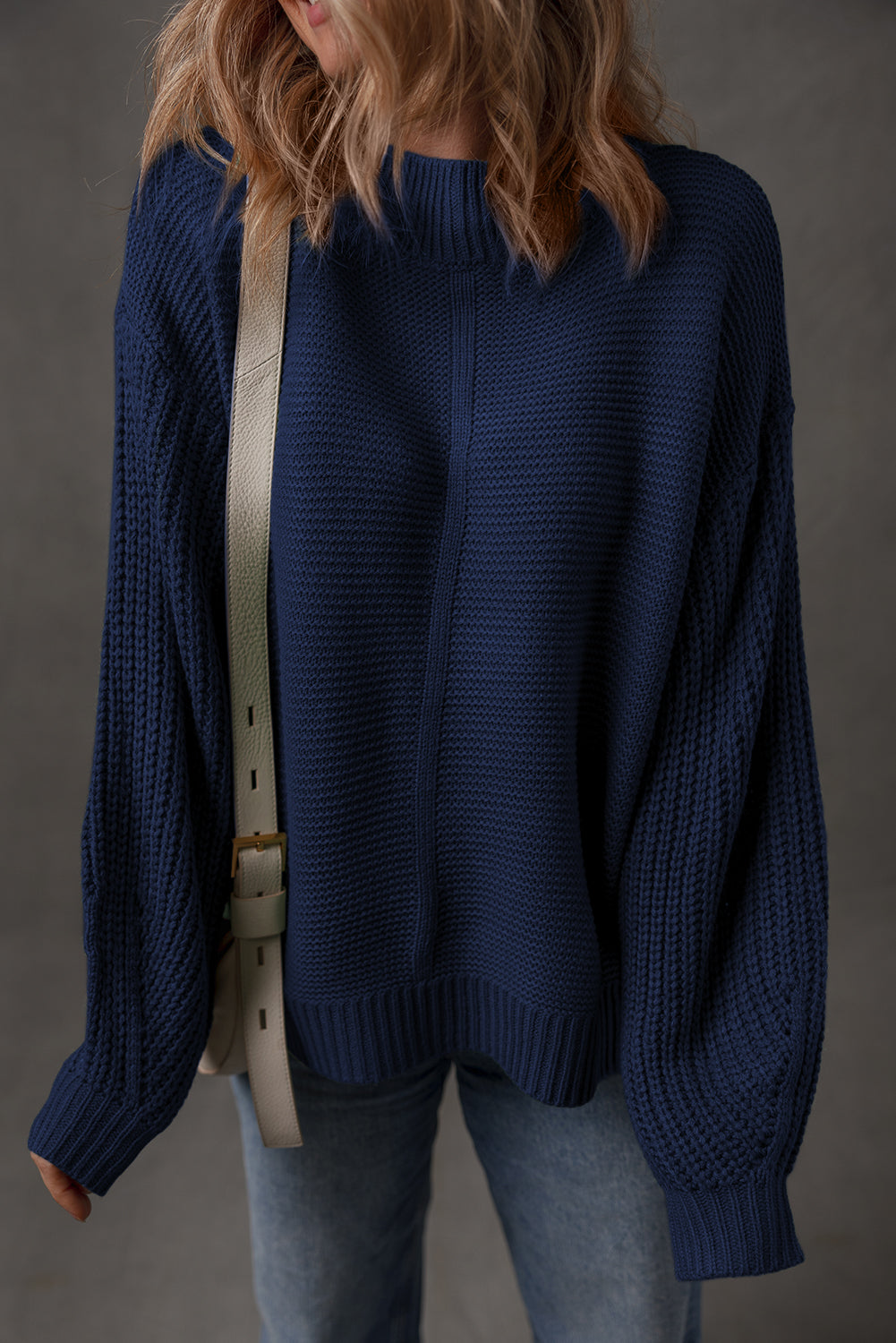 Dirty blue Solid Color Front Seam Drop Shoulder Loose Sweater Sweaters bcf457f51feddce6