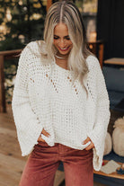 White Hollowed Detail Wide Sleeve Loose Pullover Sweater Sweaters bcfa81705e1ae5dc