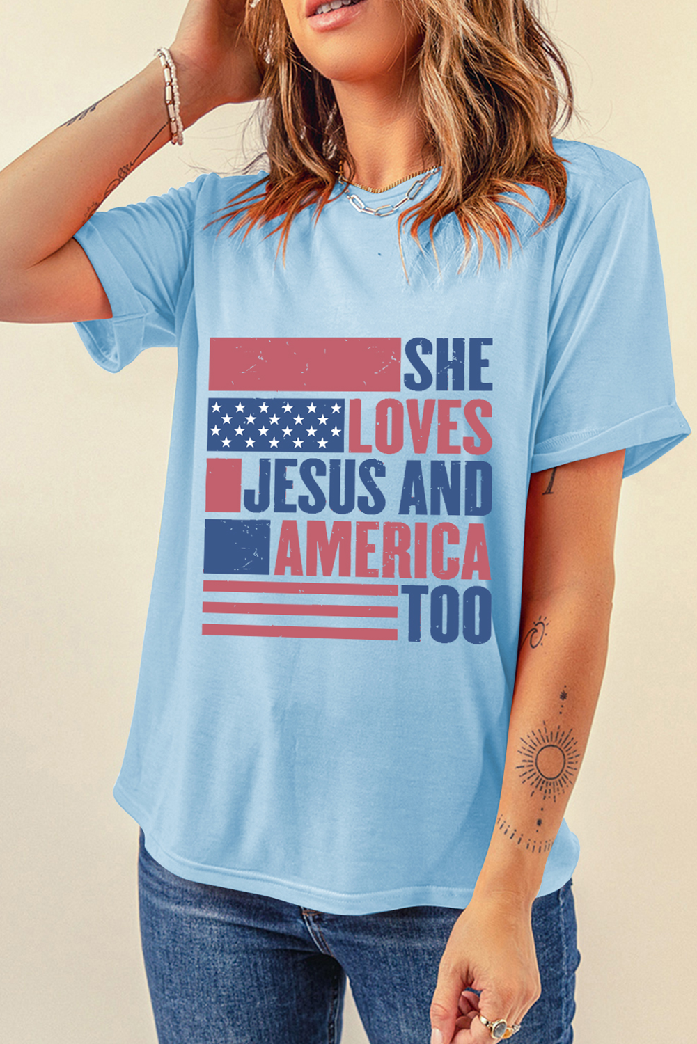 Light Blue SHE LOVES JESUS AND AMERICA TOO Heat Transfer Printing Patriotic T Shirt Graphic Tees bcfa8490ea4b83c6