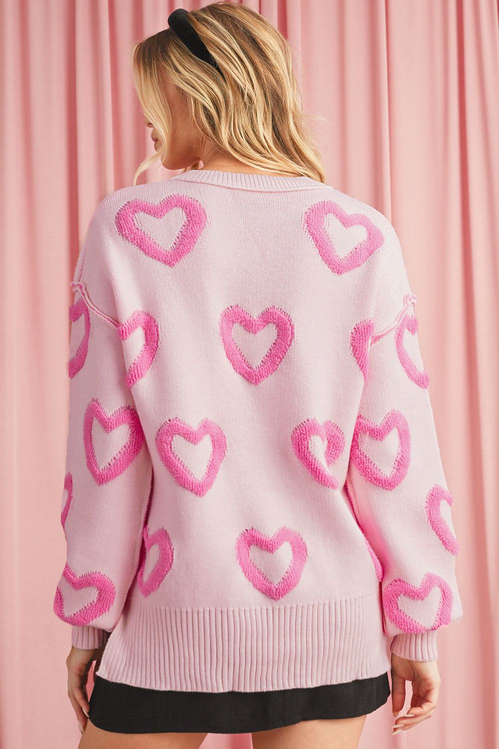 Pink Heart Shape Bubble Sleeve Baggy Sweater Sweaters bd0522faf2fb3f30