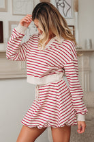 Red Stripe Cropped Collared Drop Shoulder Pullover and Bubble Mini Skirt Set Two Piece Skirt Sets bd14032263374544