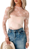 Black Mock Neck Floral Lace Mesh Long Sleeve Top Long Sleeve Tops bd162655e7ff81f1