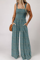 Green Floral Square Neckline Stretch High Waist Jumpsuit Jumpsuits bd2370be3501a191