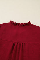 Burgundy Notched Neck Shirred Cuffs Long Sleeve Blouse Blouses bd420175fe43c66e