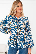 Blue Zebra Print Tied Front Puff Sleeve Top Blouses bd68e0305809d716
