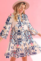 White Ethnic Print Boho Button Tiered Mini Dress Short Dresses bd7174dd208cdffc