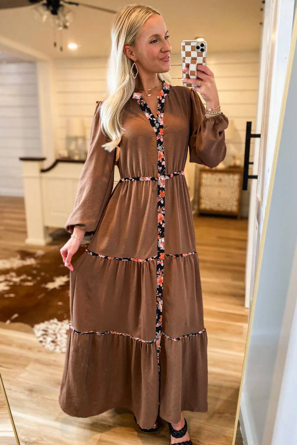 Chestnut Floral Patchwork Notched Neck Long Sleeve Maxi Dress Maxi Dresses bd76ac3878418d07