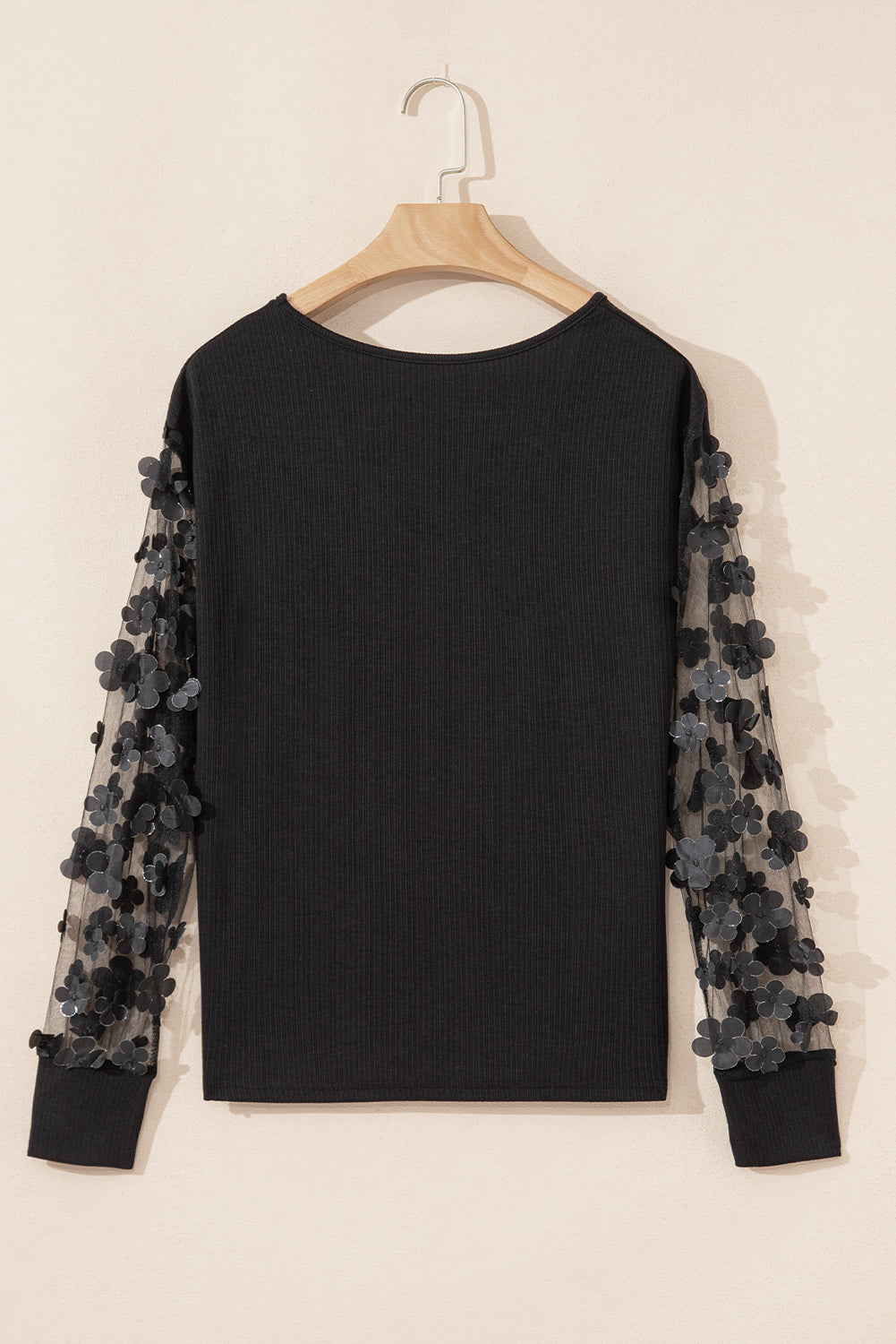Black Flower Applique Mesh Long Sleeve V Neck Top Long Sleeve Tops bde29ba09555e084
