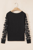 Black Flower Applique Mesh Long Sleeve V Neck Top Long Sleeve Tops bde29ba09555e084