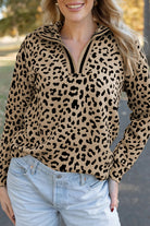 Parchment Allover Leopard Contrast Trim V Neck Top Long Sleeve Tops bde63b5d0f766ac0