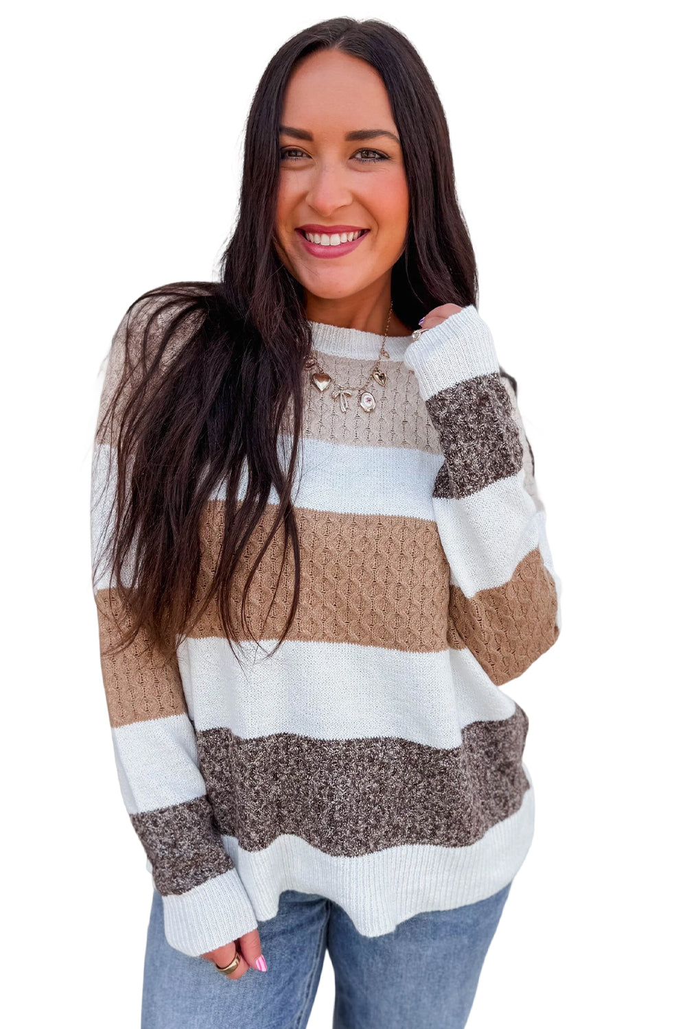 Brown Mixed Texture Knit Striped Colorblock Loose Sweater Sweaters bdf488195bbe884c