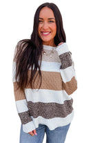 Brown Mixed Texture Knit Striped Colorblock Loose Sweater Sweaters bdf488195bbe884c