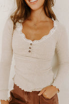 Beige Lace Neckline Button Decor Lettuce Edge Long Sleeve Ribbed Top Long Sleeve Tops bdfd3a7feef2c0c5