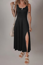 Black Sleeveless Scoop Neck Flared Split Midi Dress Midi Dresses be0483d56b736ffe