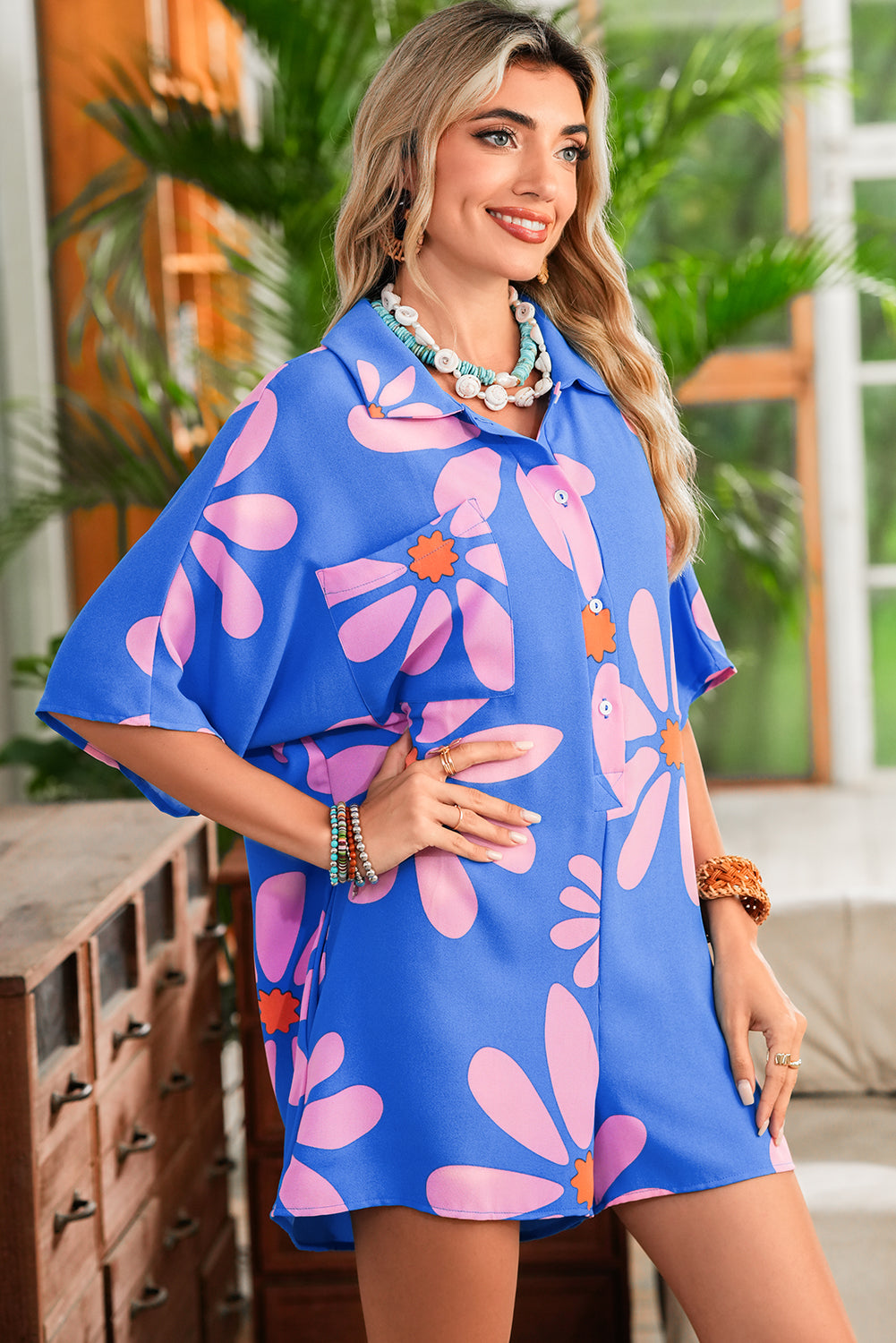 Blue Summer Flower Print Shirt Collar Loose Romper Rompers be1dfc9e19d6de3f