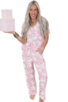 Pink Christmas Santa Claus V Neck Tee Drawstring Pants Pajama Set Loungewear Set be440758f5130626