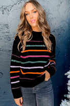 Black Colorful Striped Ribbed Trim Round Neck Sweater Sweaters be4851f1866f9fc7