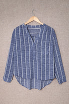 Blue Striped Print V Neck Half Buttons Loose Blouse Blouses & Shirts be4ef7639ba364fd