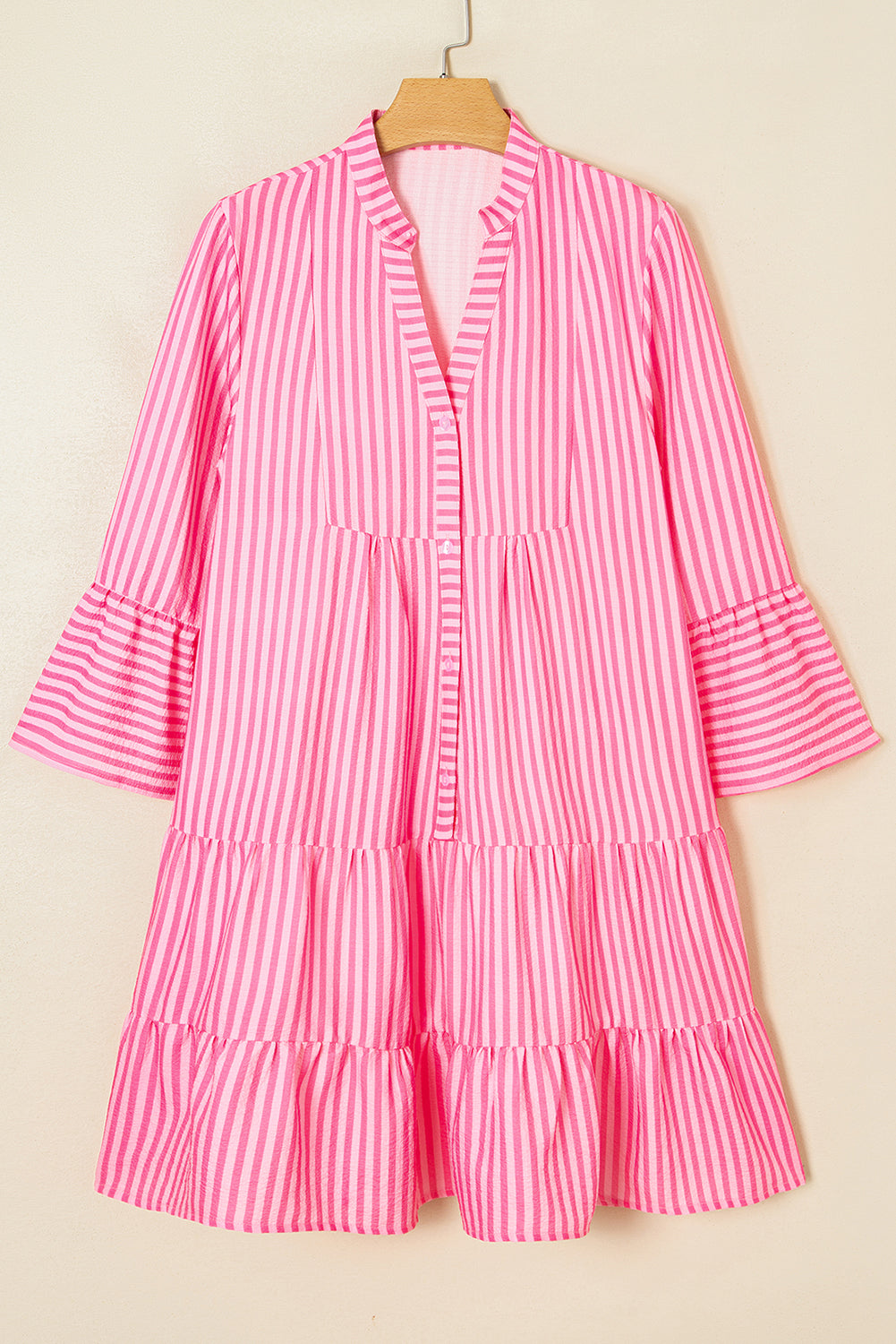 Pink Stripe Flare Sleeve Half Placket Tiered Flowy Mini Dress Short Dresses be8126aff0fcf422