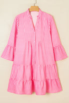 Pink Stripe Flare Sleeve Half Placket Tiered Flowy Mini Dress Short Dresses be8126aff0fcf422