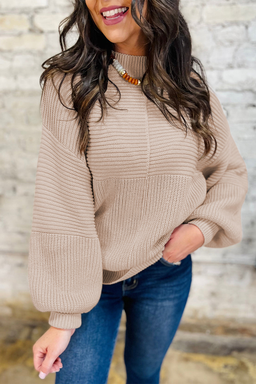 Parchment Mixed Texture Patchwork Knitted Lantern Sleeve Sweater Sweaters bea32b2a52f1fb29