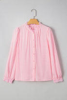 Gossamer Pink Lace Patchwork Edge Collarless Button Up Shirt Blouses beceafef521c7938