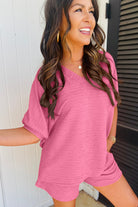 Pink Textured V Neck T Shirt and Shorts Set Two Piece Shorts Sets bee769044a94e586