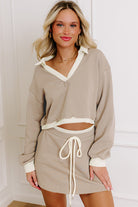 Parchment Raw Edge Detail Patchwork Cropped Pullover Drawstring Skirt Set Two Piece Skirt Sets befb64c47b0dfa5b