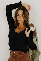 Black Lace Neckline Button Decor Lettuce Edge Long Sleeve Ribbed Top Long Sleeve Tops bf15f5e743c6a182