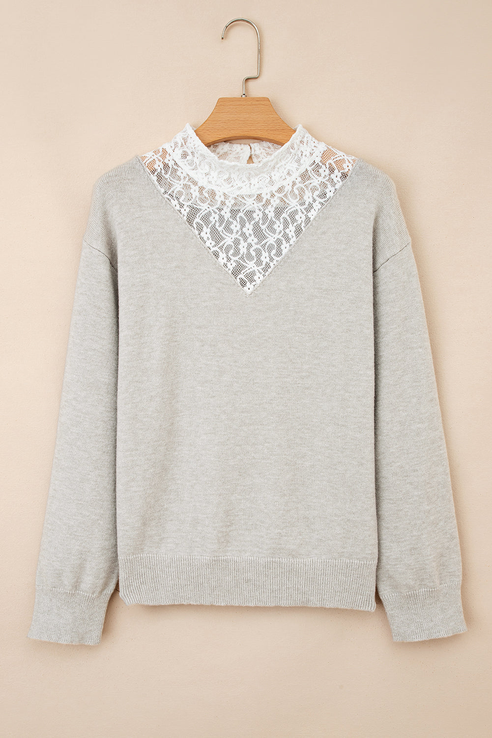Light Grey Button Keyhole Lace Patchwork Drop Shoulder Sweater Sweatshirts & Hoodies bf2349af63969071