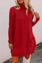 Fiery Red Ribbed High Neck Front Pockets Center Seam Sweater Dress Sweater Dresses bf3ed420cb8efa55