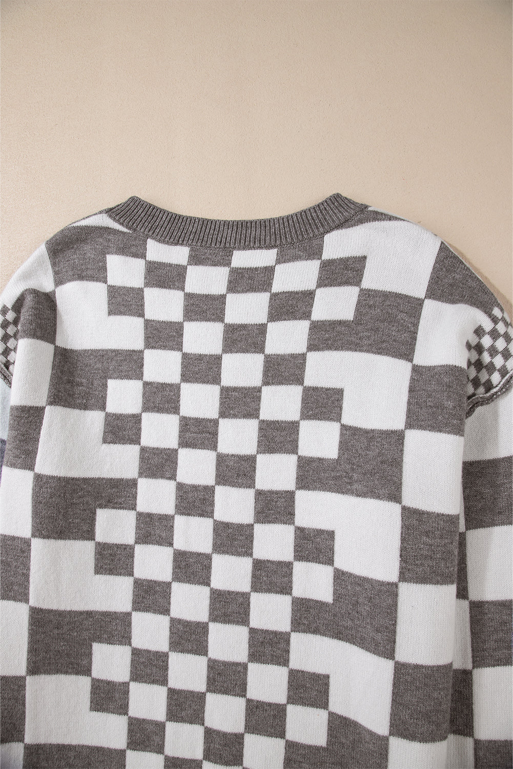 Gray Checkered Drop Shoulder Round Neck Sweater Sweaters bf4a800dcddea7aa