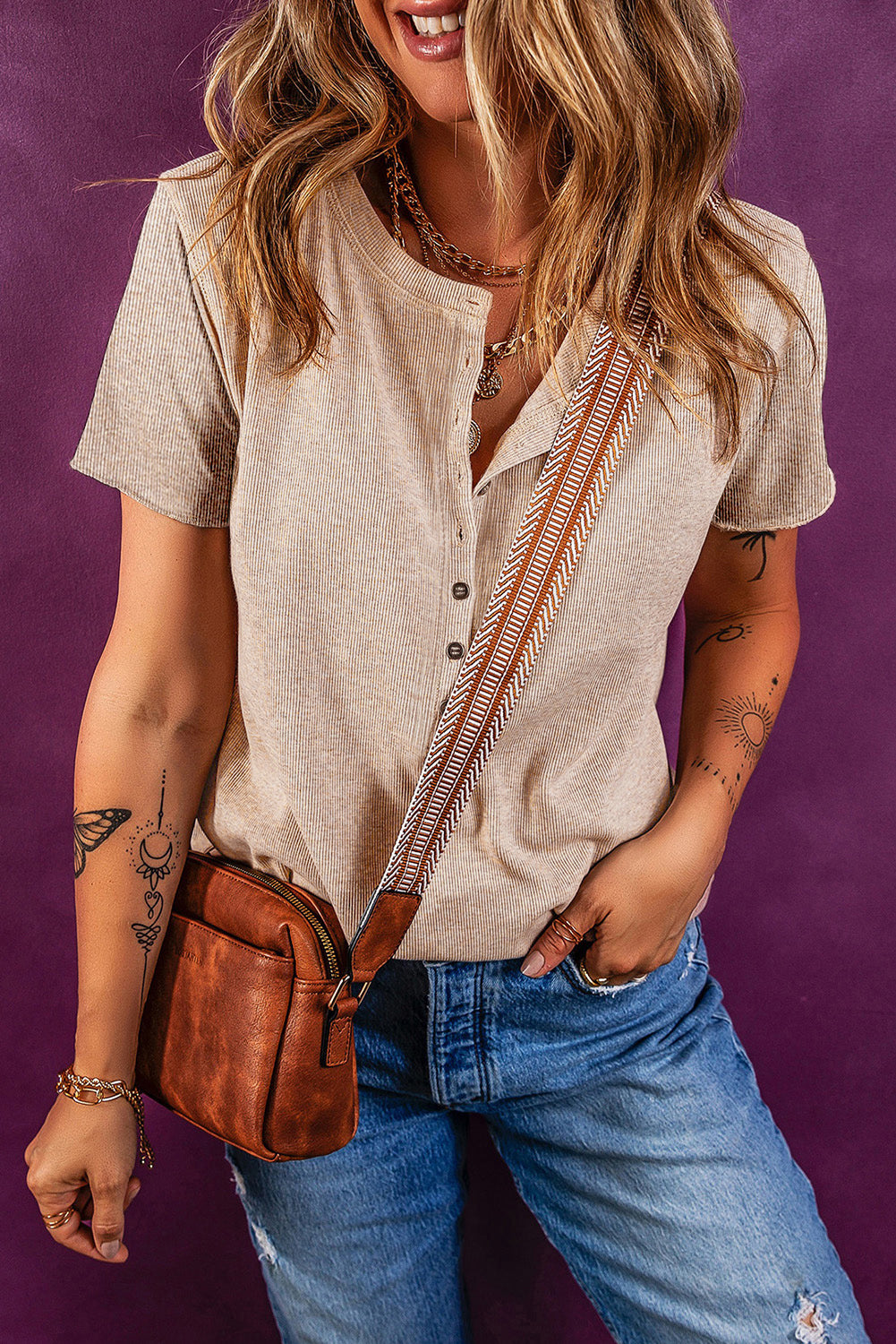 Oatmeal Short Sleeve Half Button Ribbed Top T Shirts bf7846fec4c36f91