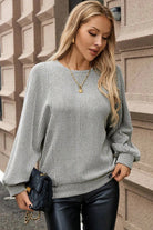 Gray Ribbed Knit Round Neck Long Lantern Sleeve Top Long Sleeve Tops bf8f92169919e0f4